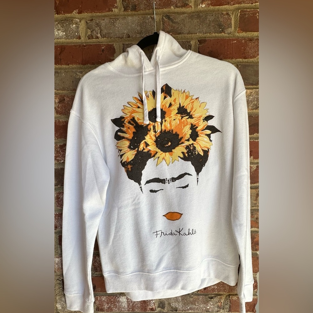 White Graphic Hoodie with Frida Kahlo Design by Jerry Leigh 🌻